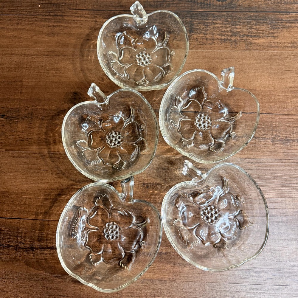 5 VTG Hazel Atlas Apple Blossom Berry Bowls Clear Glass Apple Dessert Bowls